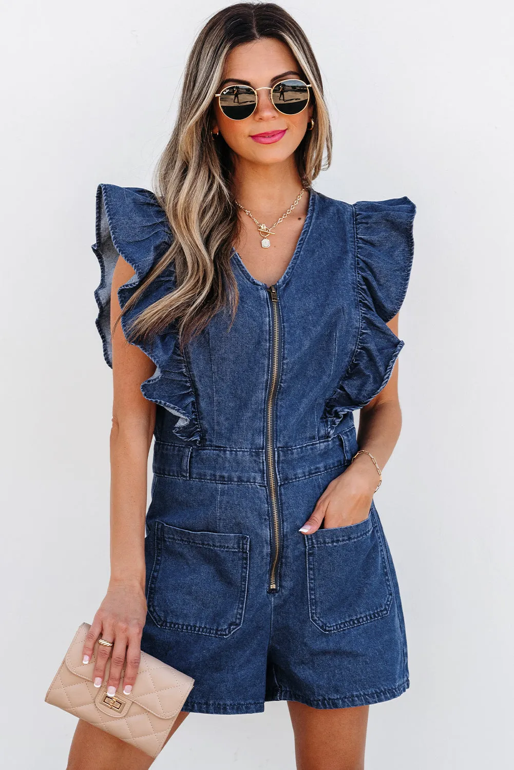 Amora Denim Ruffled Zipped Front Belted Romper sold by Threaded Pear