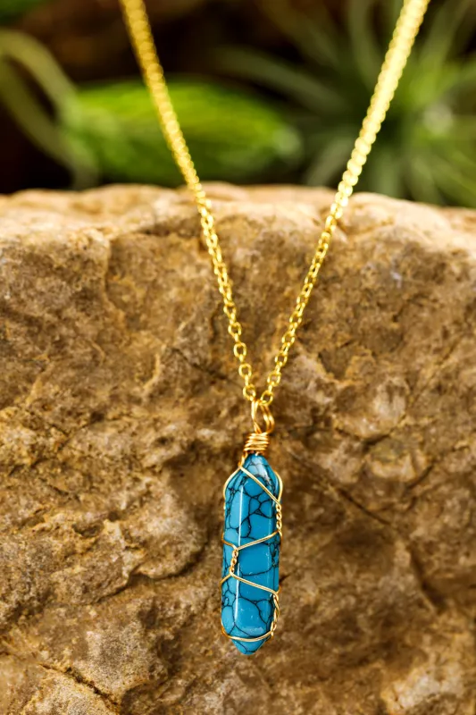 Blue Gold Wire Wrapped Turquoise Pendant Necklace sold by Threaded Pear