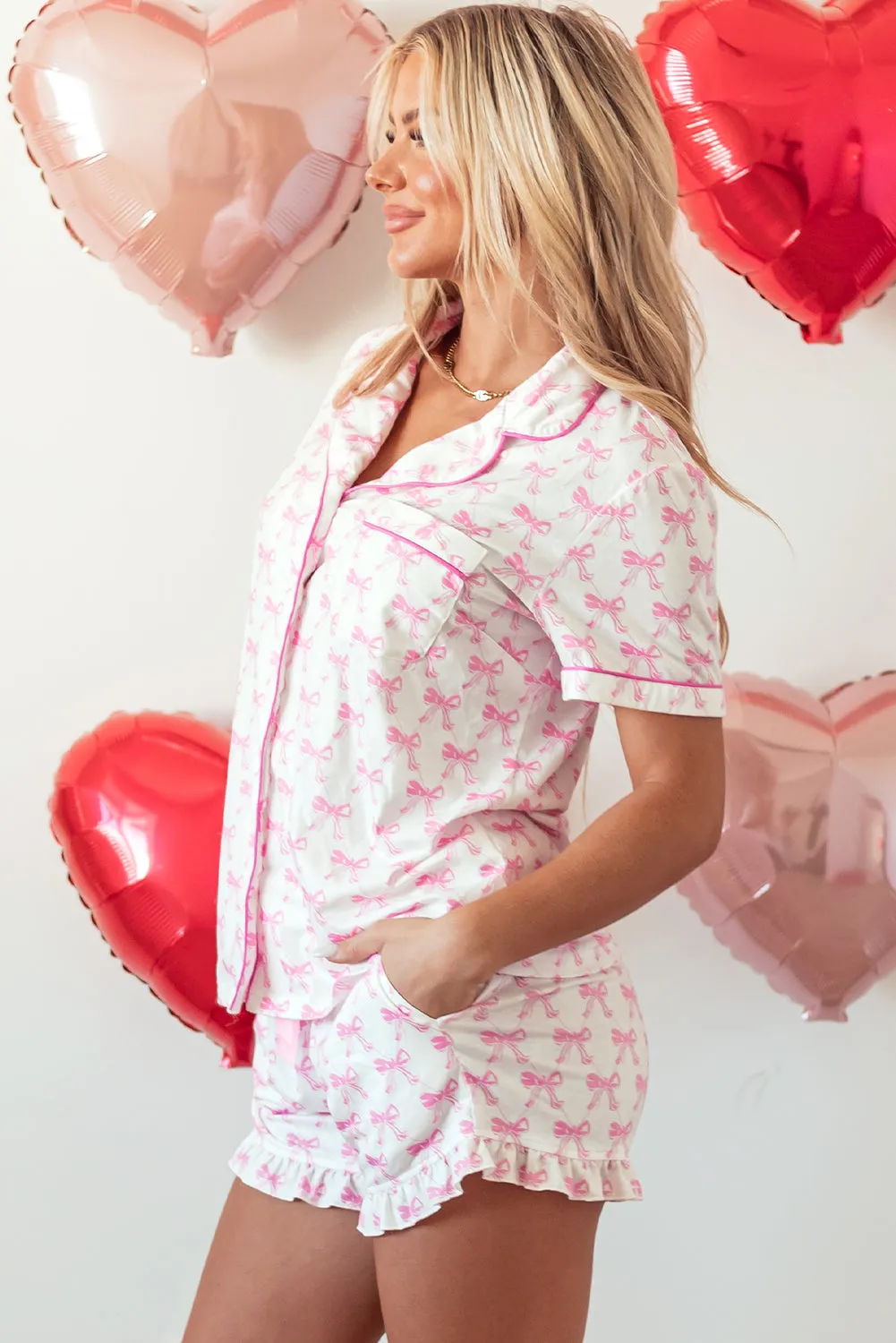 Bow Short Sleeve and Ruffled Shorts Pajama Set sold by Threaded Pear product image thumbnail 3