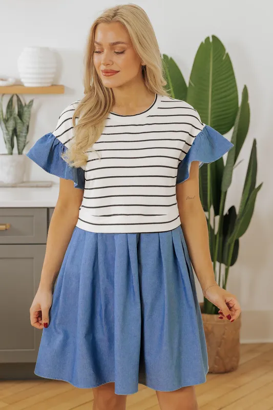 Danna Stripe Ruffle Denim Dress sold by Threaded Pear