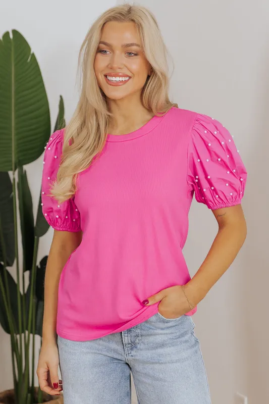 Shiloh Ribbed Pearl Beaded Puff Sleeve Top sold by Threaded Pear