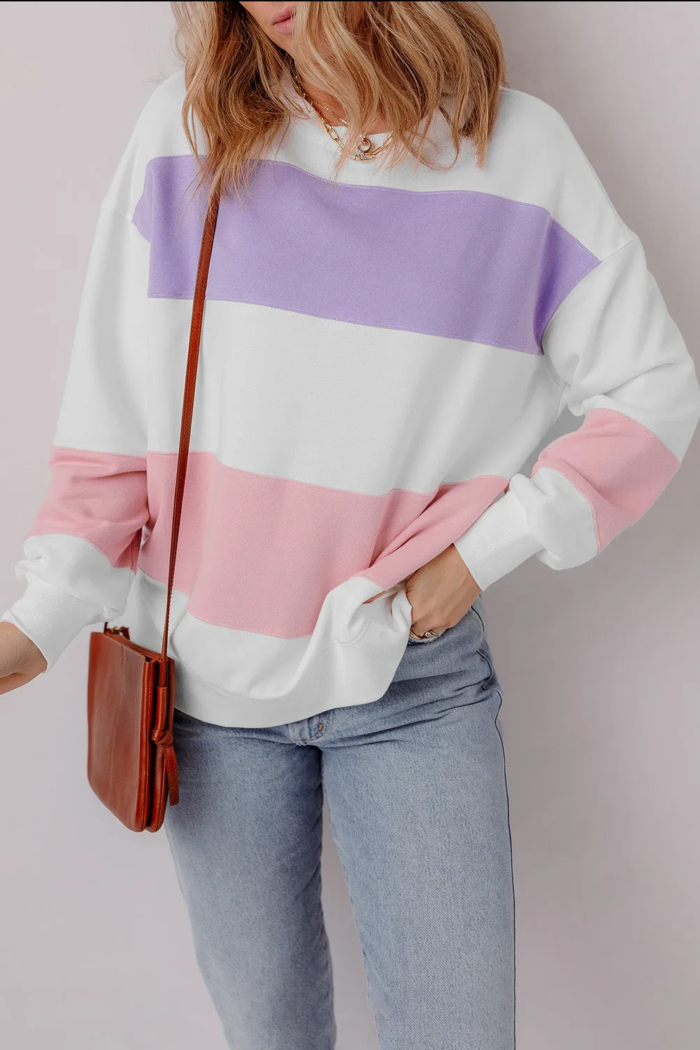 Beige Colorblock Patchwork Drop Shoulder Crewneck Sweatshirt sold by Threaded Pear
