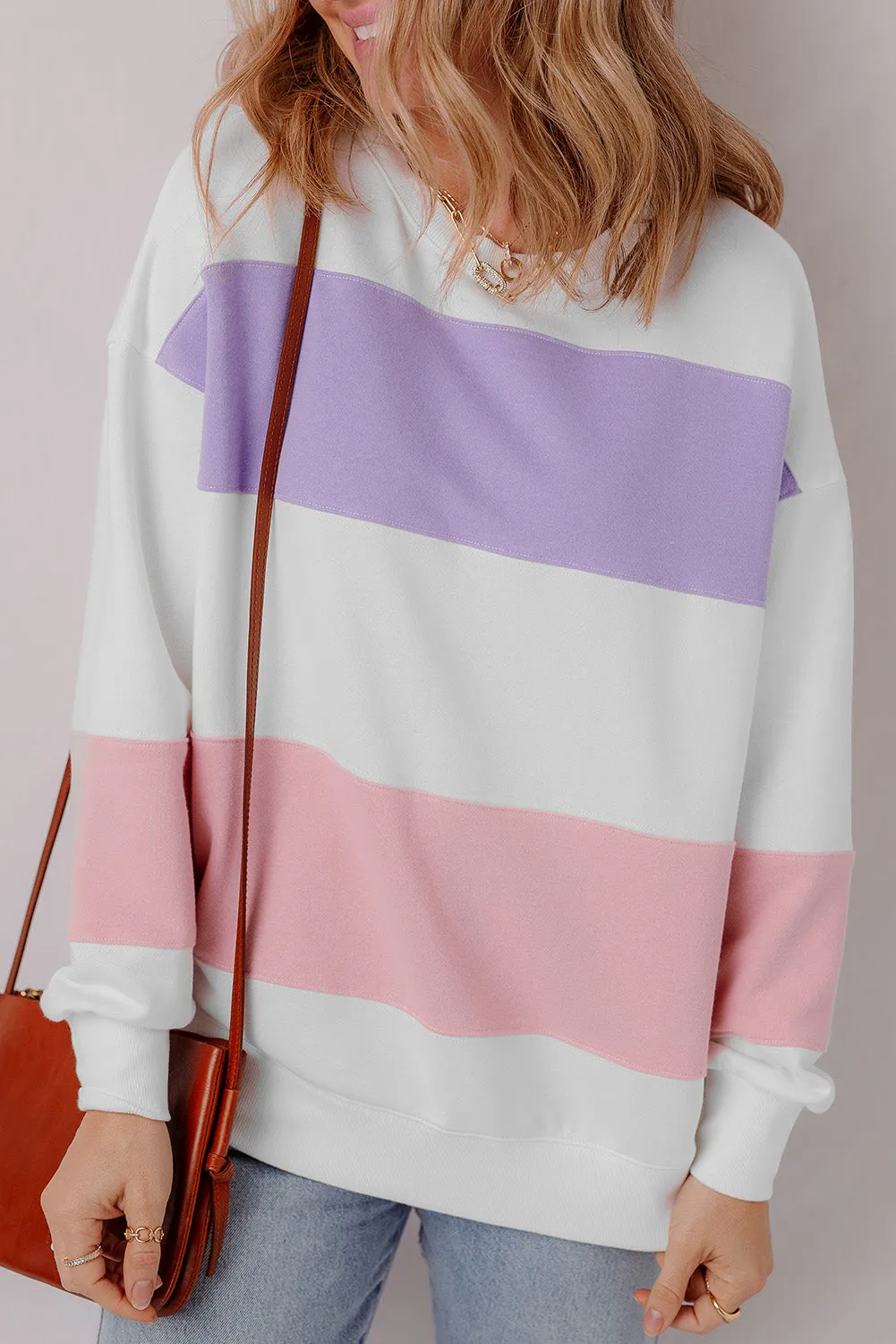 Beige Colorblock Patchwork Drop Shoulder Crewneck Sweatshirt sold by Threaded Pear product image thumbnail 4