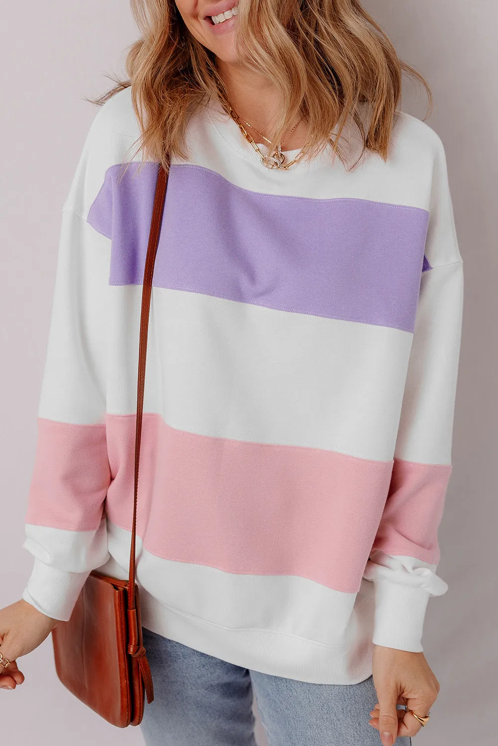 Beige Colorblock Patchwork Drop Shoulder Crewneck Sweatshirt sold by Threaded Pear product image thumbnail 3