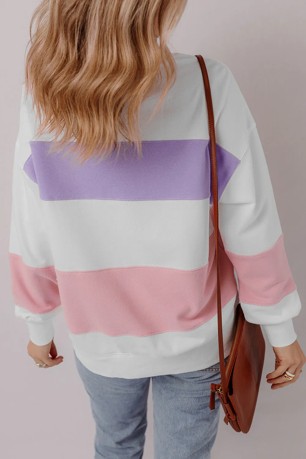Beige Colorblock Patchwork Drop Shoulder Crewneck Sweatshirt sold by Threaded Pear product image thumbnail 2