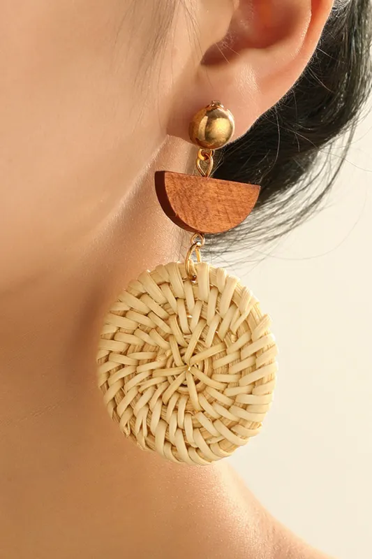 Beige Wooden Woven Disc Dangle Earrings sold by Threaded Pear