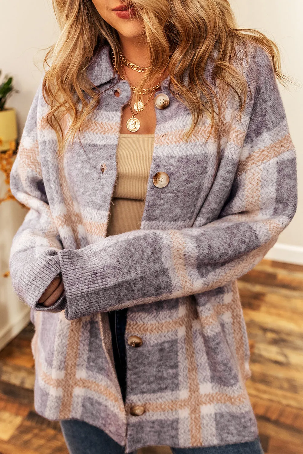 Ana Fuzzy Plaid Collared Button Up Cardigan sold by Threaded Pear
