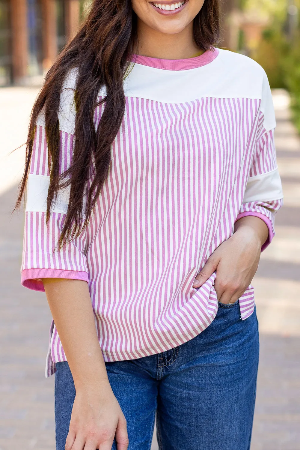 Aliyah Striped Patchwork 3/4 Sleeve Casual Top sold by Threaded Pear product image thumbnail 4