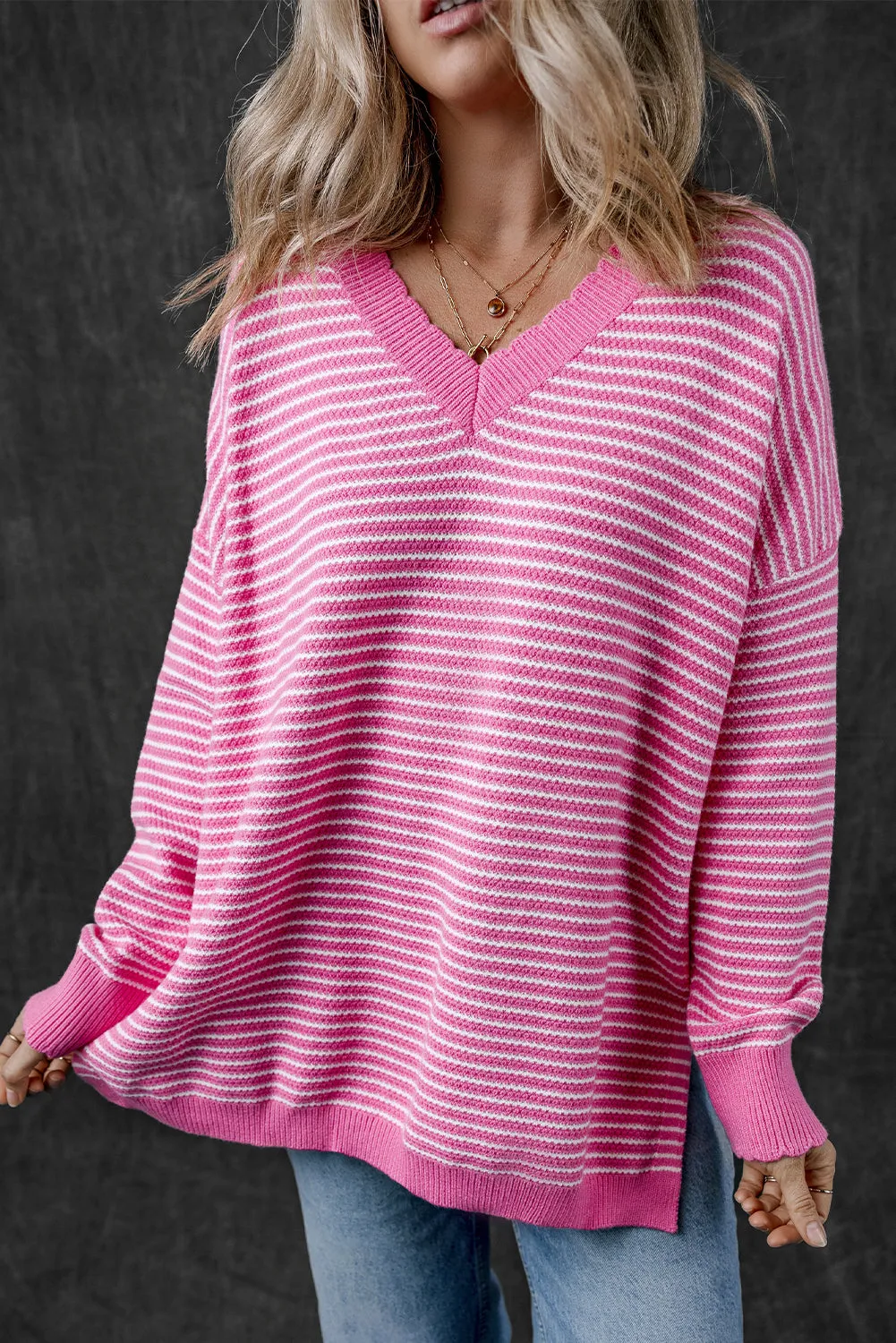 Alana Striped Scallop V Neck Loose Sweater sold by Threaded Pear