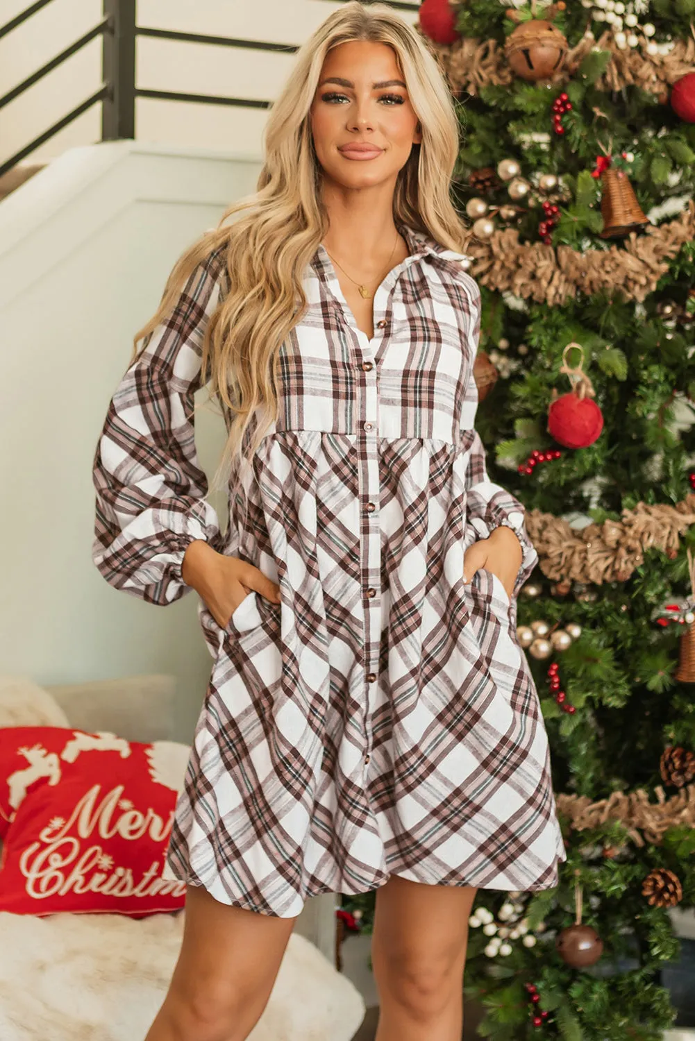 Callie Plaid Bubble Sleeve Shirt Dress sold by Threaded Pear
