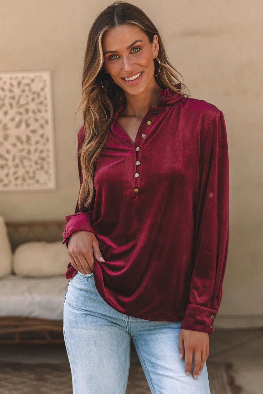 Gwynn Frilled Neck Buttoned Front Velvet Top sold by Threaded Pear product image thumbnail 5
