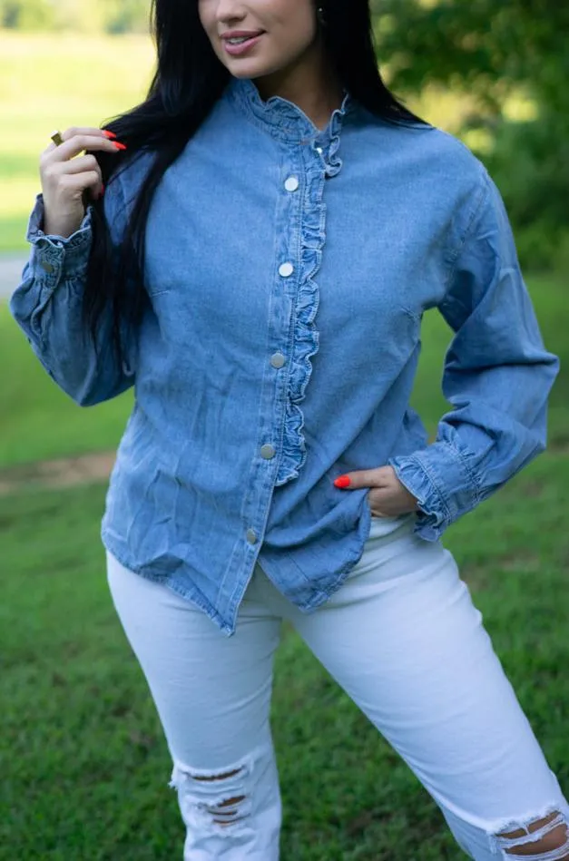 Allyson Ruffled Long Sleeve Buttoned Denim Shirt sold by Threaded Pear