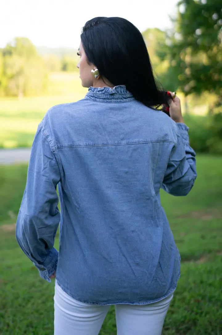 Allyson Ruffled Long Sleeve Buttoned Denim Shirt sold by Threaded Pear product image thumbnail 2