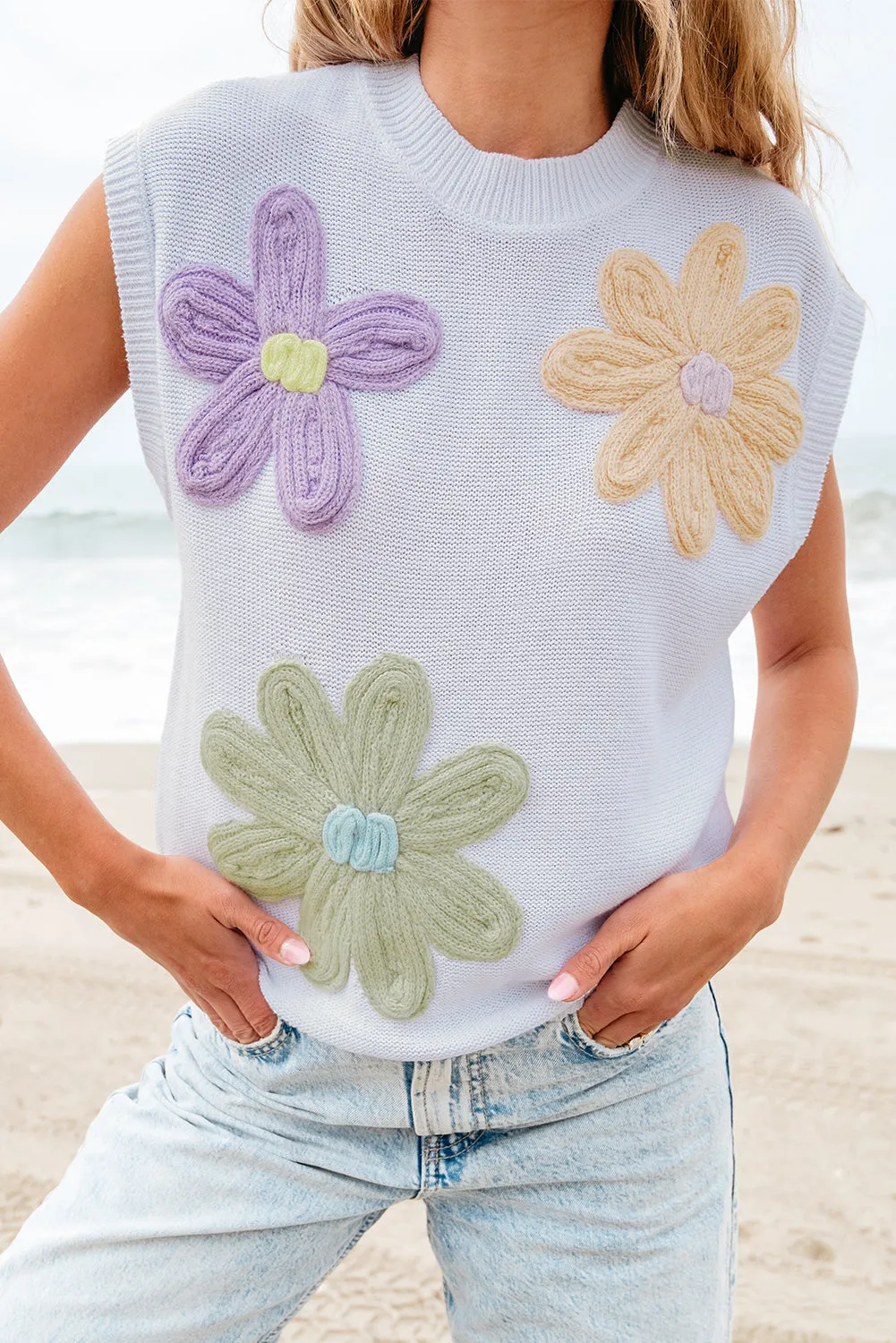 Hannah Crochet Flower Knit Short Sleeve Sweater Top sold by Threaded Pear product image thumbnail 5
