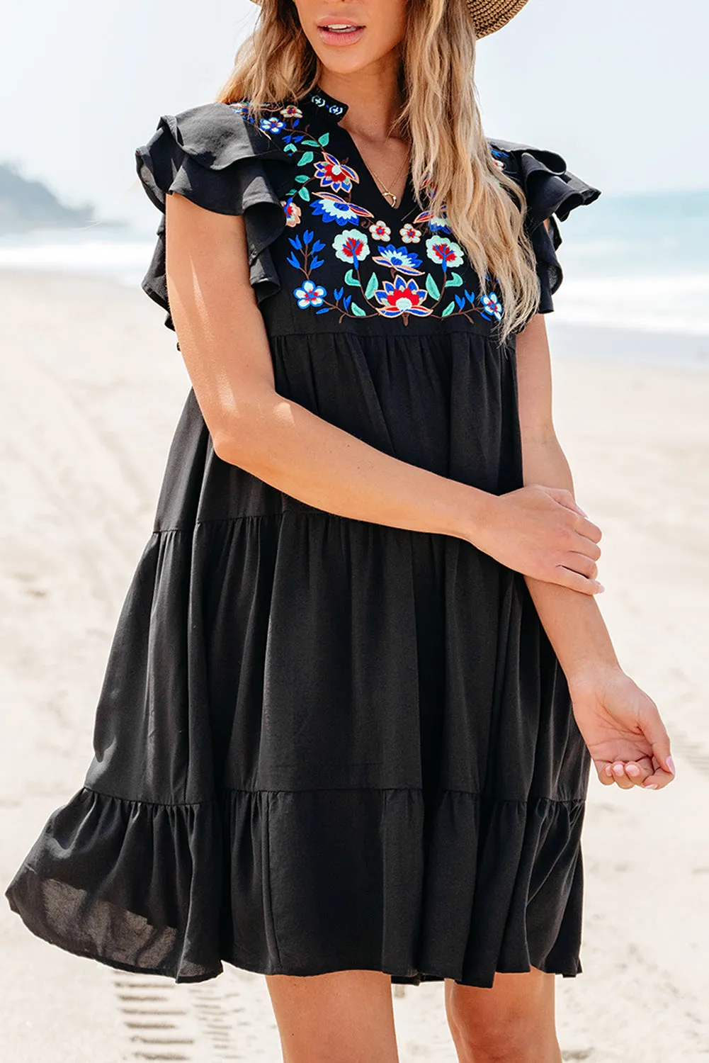Veda Floral Embroidered Tiered Ruffled Mini Dress sold by Threaded Pear