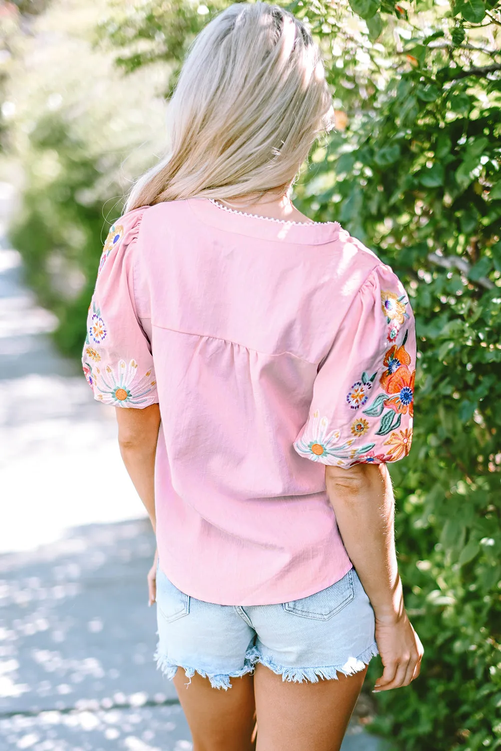 Araceli Floral Embroidered Puff Sleeve Split Neck Blouse sold by Threaded Pear product image thumbnail 2
