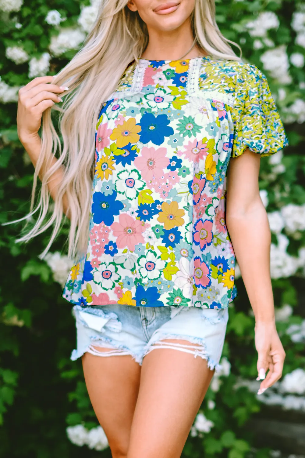 Samira Bubble Sleeve Lace Trim Floral Blouse sold by Threaded Pear