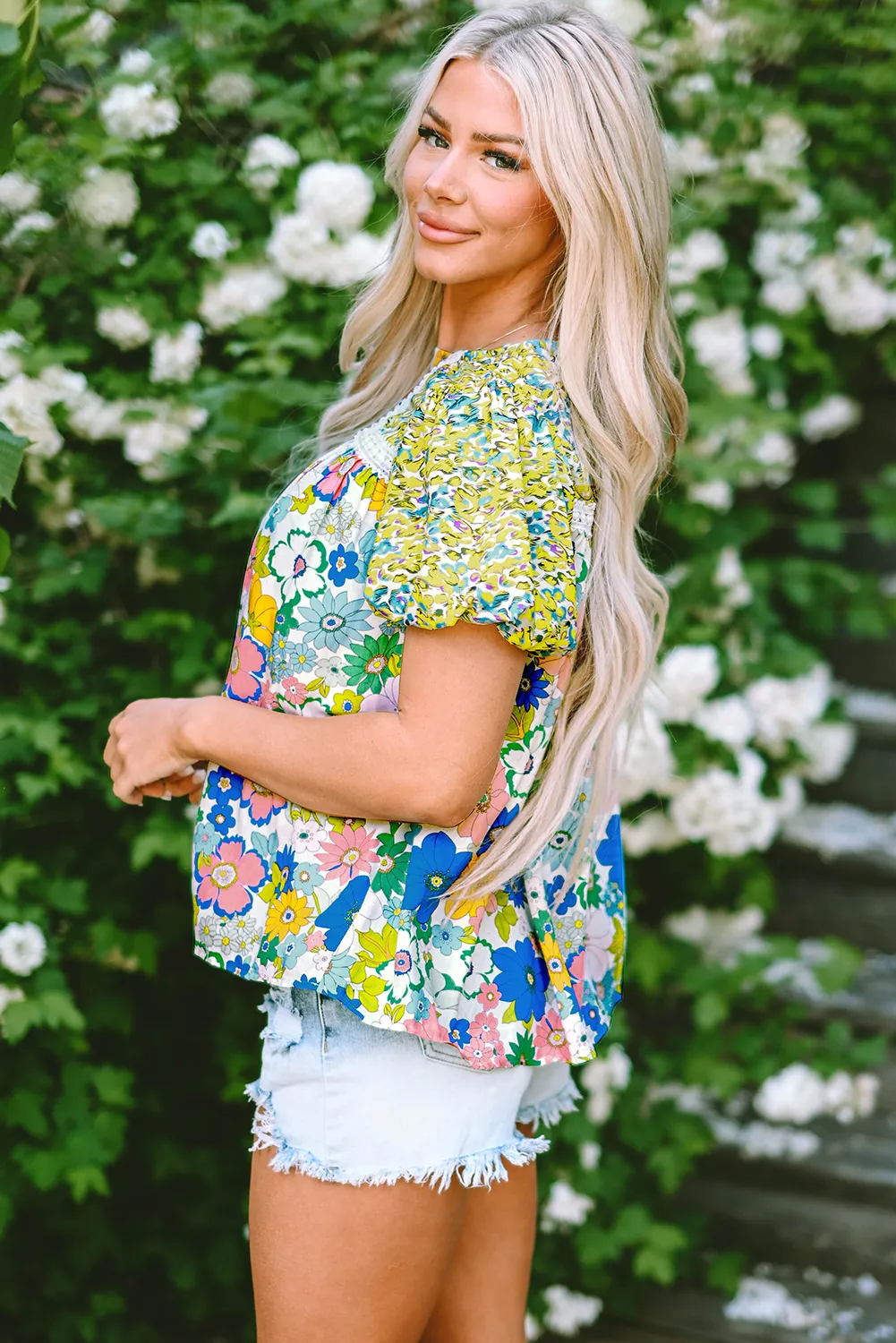 Samira Bubble Sleeve Lace Trim Floral Blouse sold by Threaded Pear product image thumbnail 3