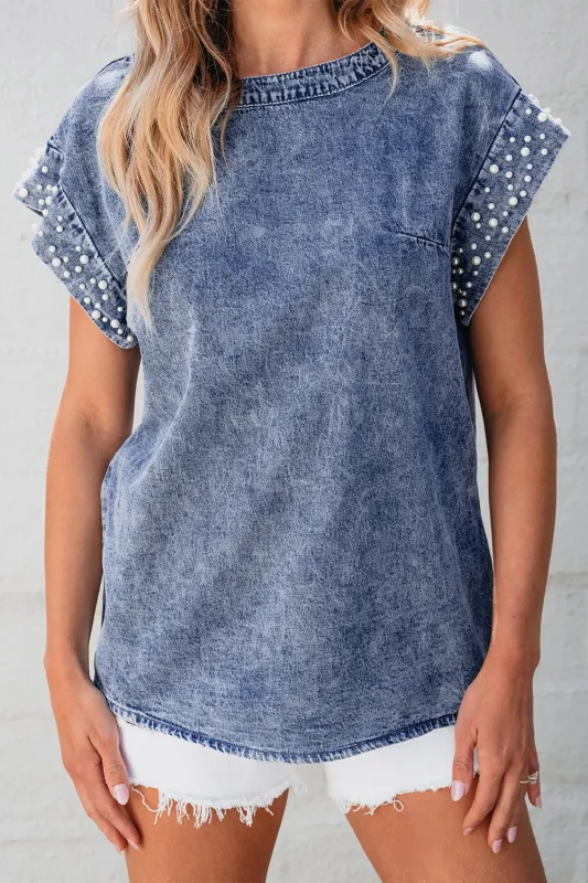 Kelly Acid Wash Pearl Embellishments Denim Top sold by Threaded Pear