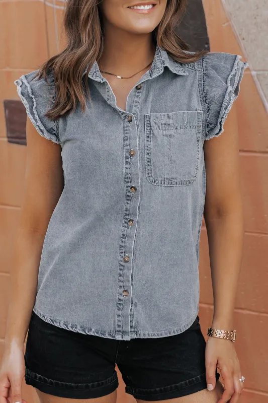 Bridget Frayed Ruffle Sleeve Denim Shirt sold by Threaded Pear