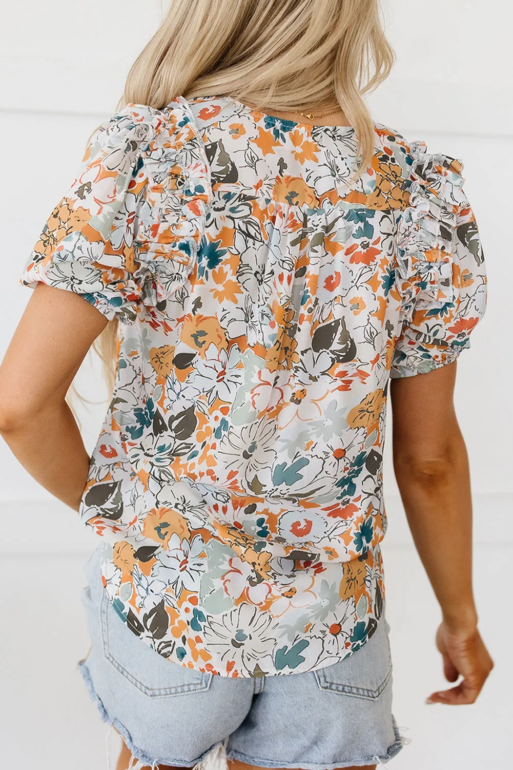 Milena Split V Neck Puff Sleeve Flower Print Blouse sold by Threaded Pear product image thumbnail 2