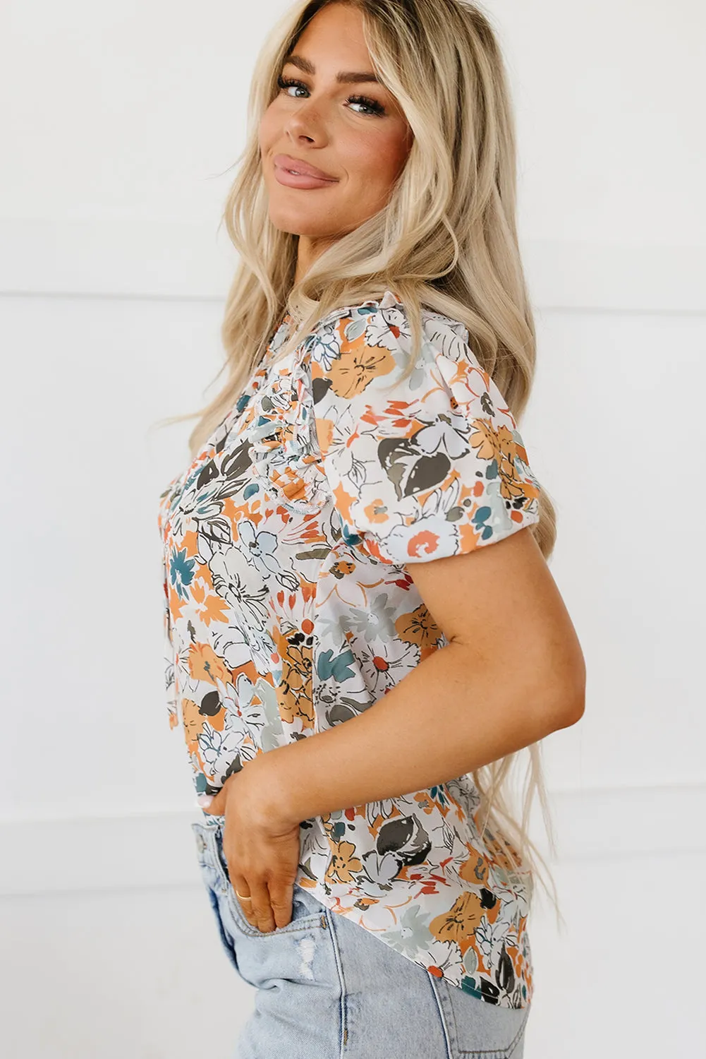 Milena Split V Neck Puff Sleeve Flower Print Blouse sold by Threaded Pear product image thumbnail 3