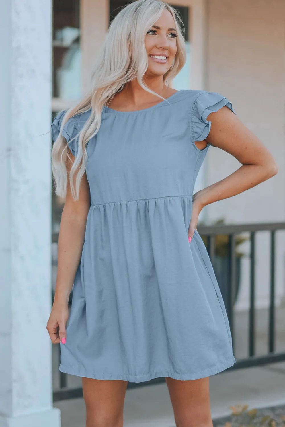 Ellis Flutter Sleeve Ruched Denim Casual Dress sold by Threaded Pear product image thumbnail 4