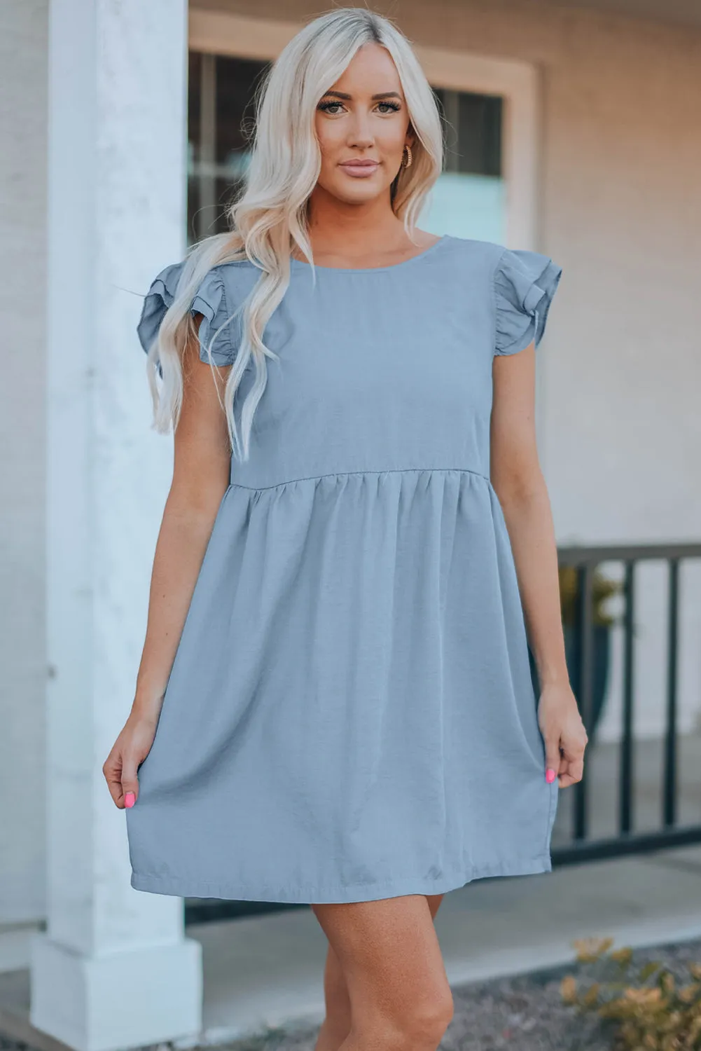 Ellis Flutter Sleeve Ruched Denim Casual Dress sold by Threaded Pear product image thumbnail 3
