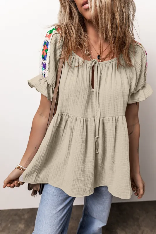 Milana Crinkle Embroidered Patched Bubble Sleeve Tied Neck Blouse sold by Threaded Pear