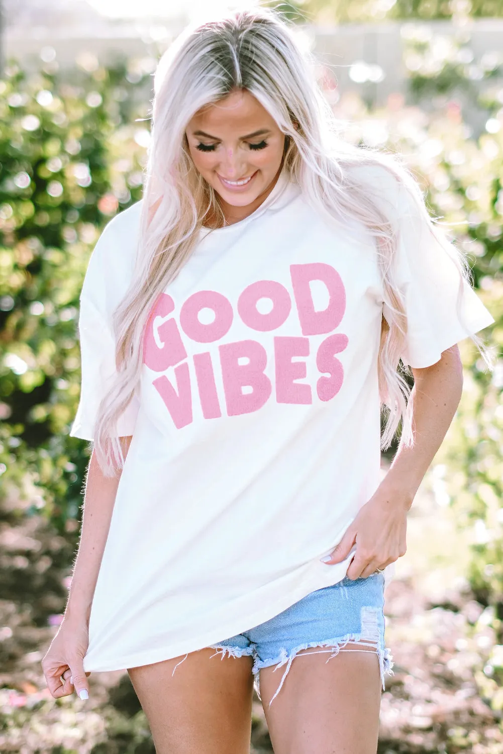 GOOD VIBES Chenille Embroidered Crewneck Tee sold by Threaded Pear product image thumbnail 3