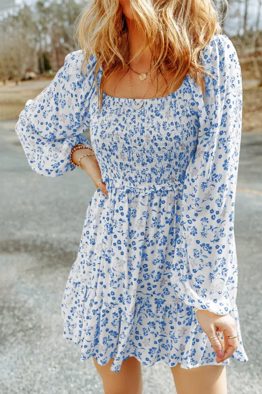 Alanna Boho Floral Smocked Puff Sleeve Mini Dress sold by Threaded Pear