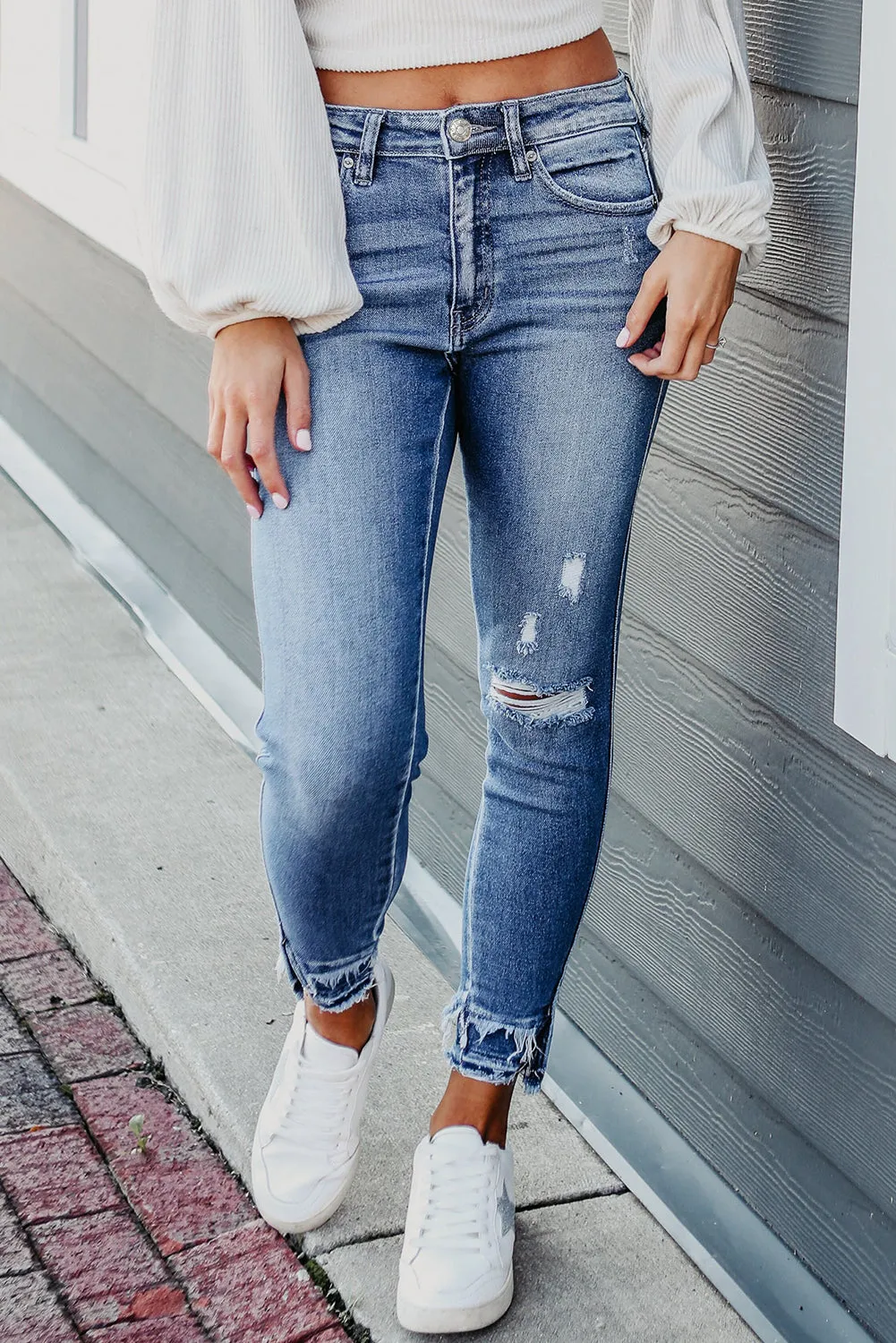 Macie Distressed Frayed Ankle Skinny Jeans sold by Threaded Pear