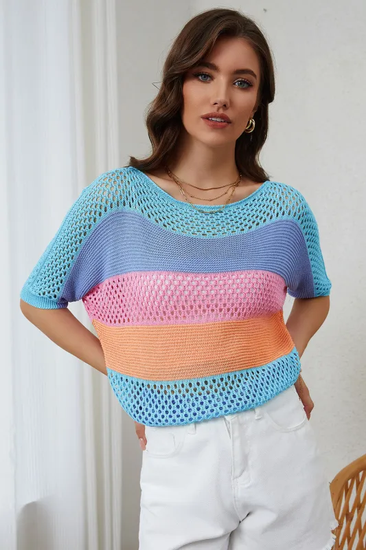 April Knitted Eyelet Colorblock Striped Half Sleeves Top sold by Threaded Pear