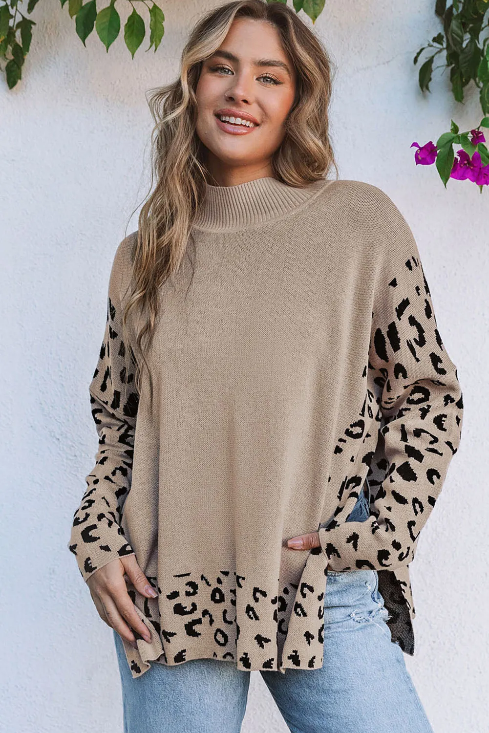 Sarai Leopard High Neck Side Slit Oversized Sweater sold by Threaded Pear product image thumbnail 4