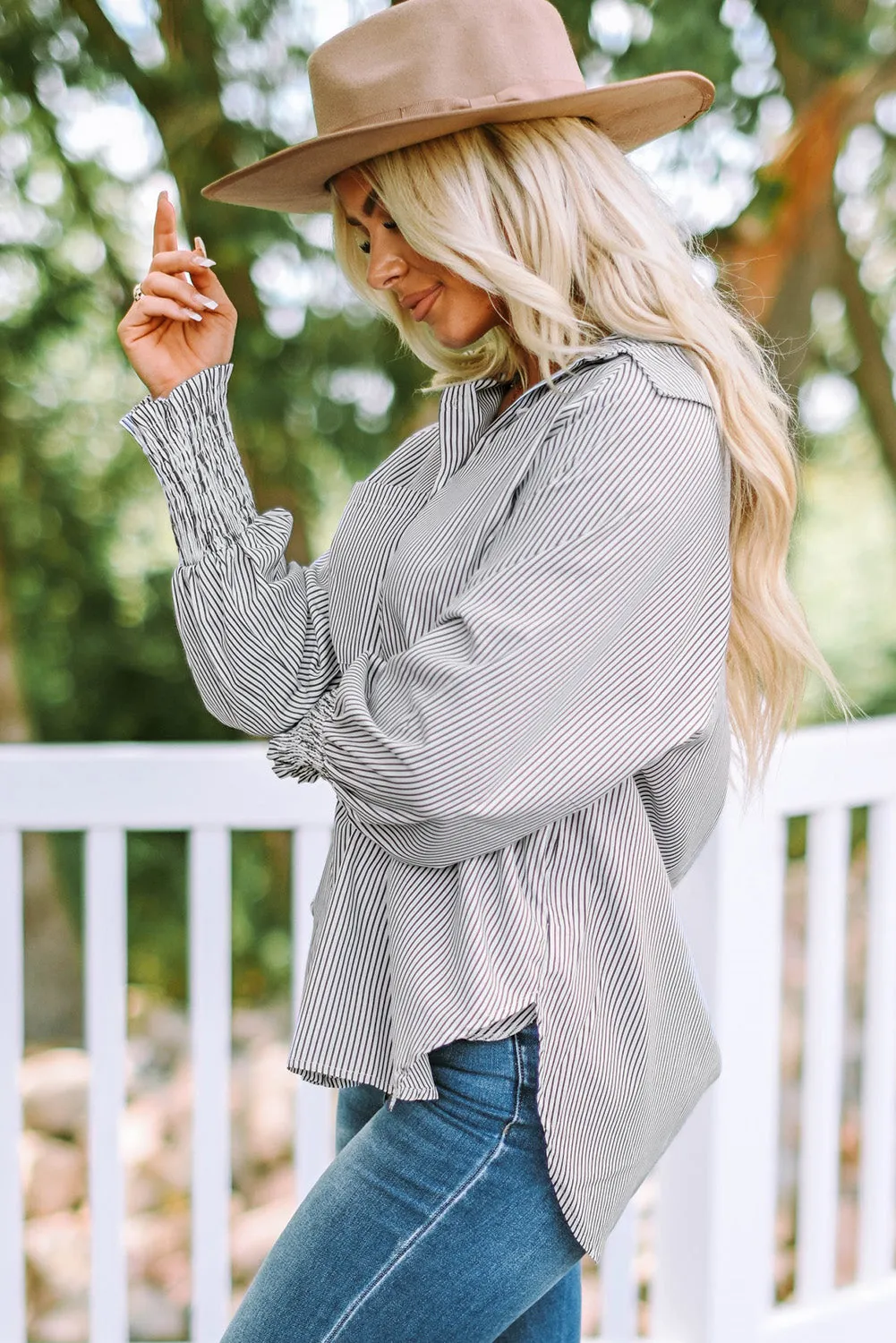 Skye Smocked Cuffed Striped Boyfriend Shirt with Pocket sold by Threaded Pear product image thumbnail 5