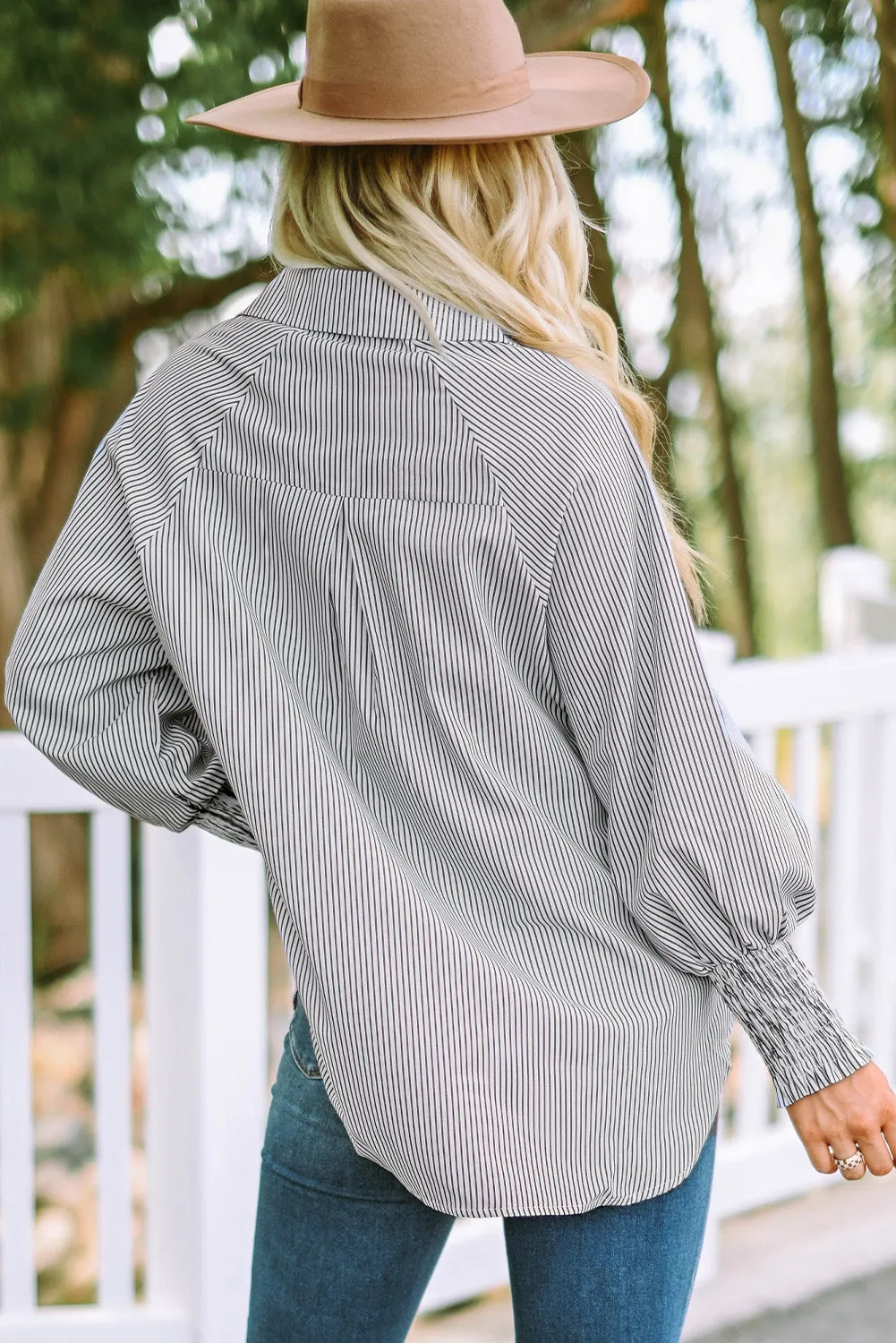 Skye Smocked Cuffed Striped Boyfriend Shirt with Pocket sold by Threaded Pear product image thumbnail 2