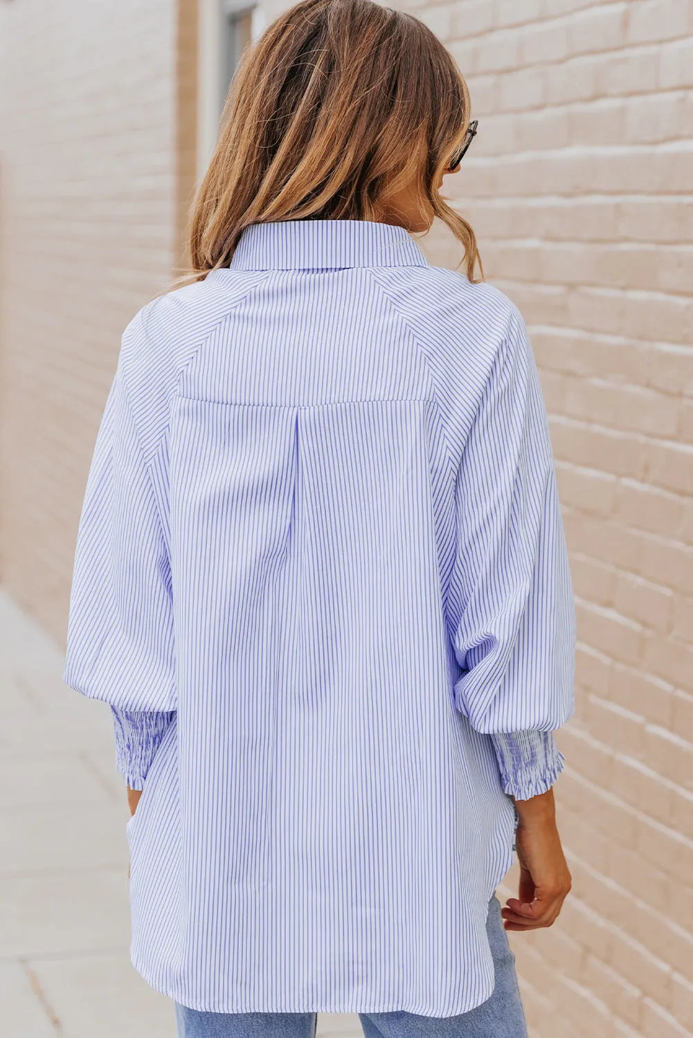 Skye Smocked Cuffed Striped Boyfriend Shirt with Pocket sold by Threaded Pear product image thumbnail 4