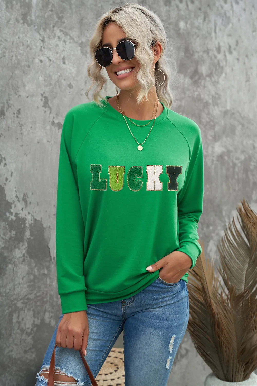 LUCKY Chenille Embroidered Graphic Sweatshirt sold by Threaded Pear product image thumbnail 3
