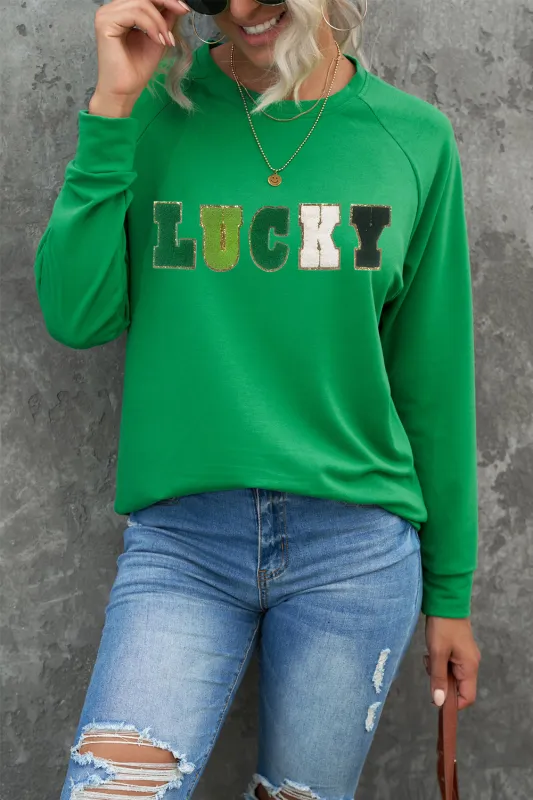 LUCKY Chenille Embroidered Graphic Sweatshirt sold by Threaded Pear