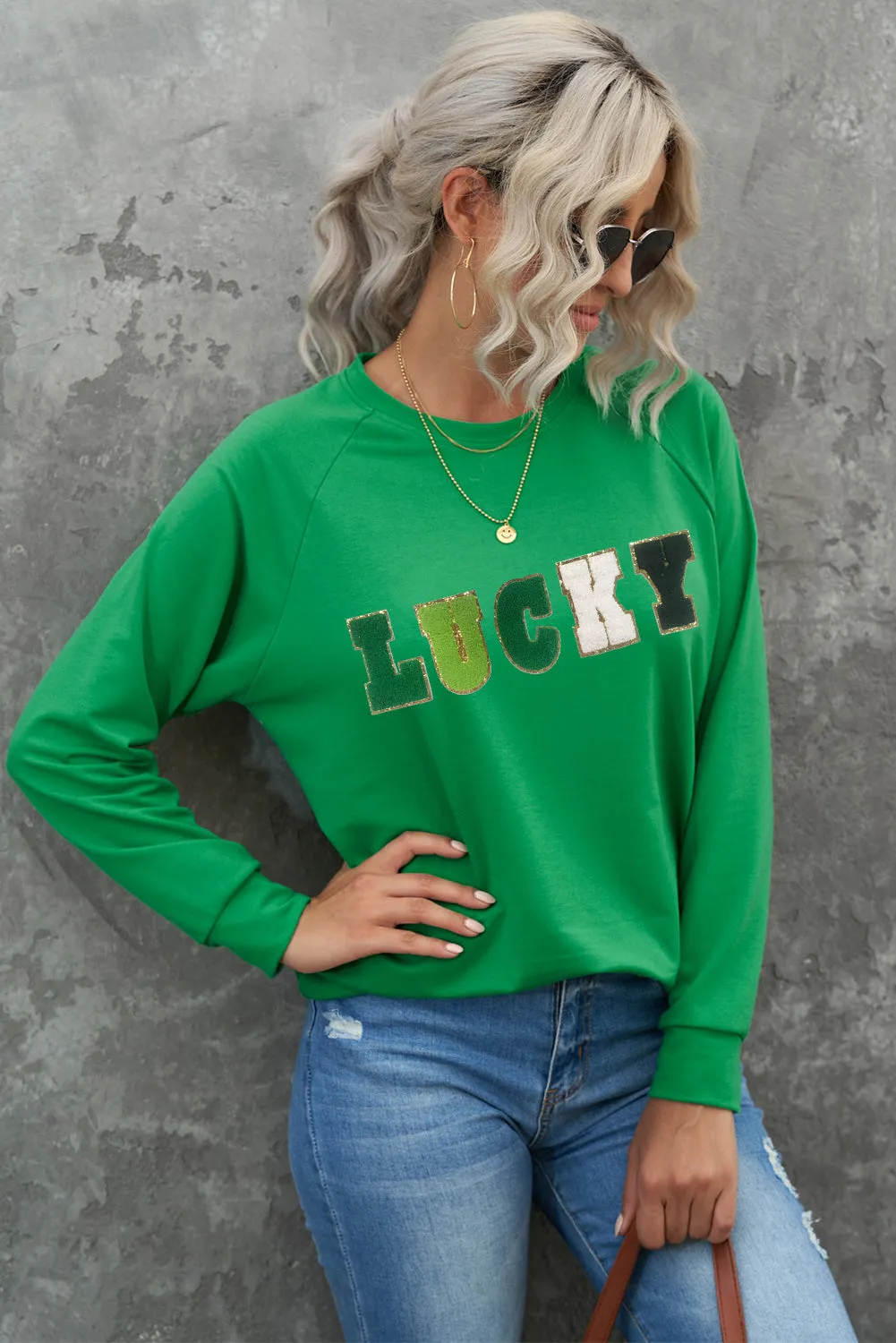 LUCKY Chenille Embroidered Graphic Sweatshirt sold by Threaded Pear product image thumbnail 4