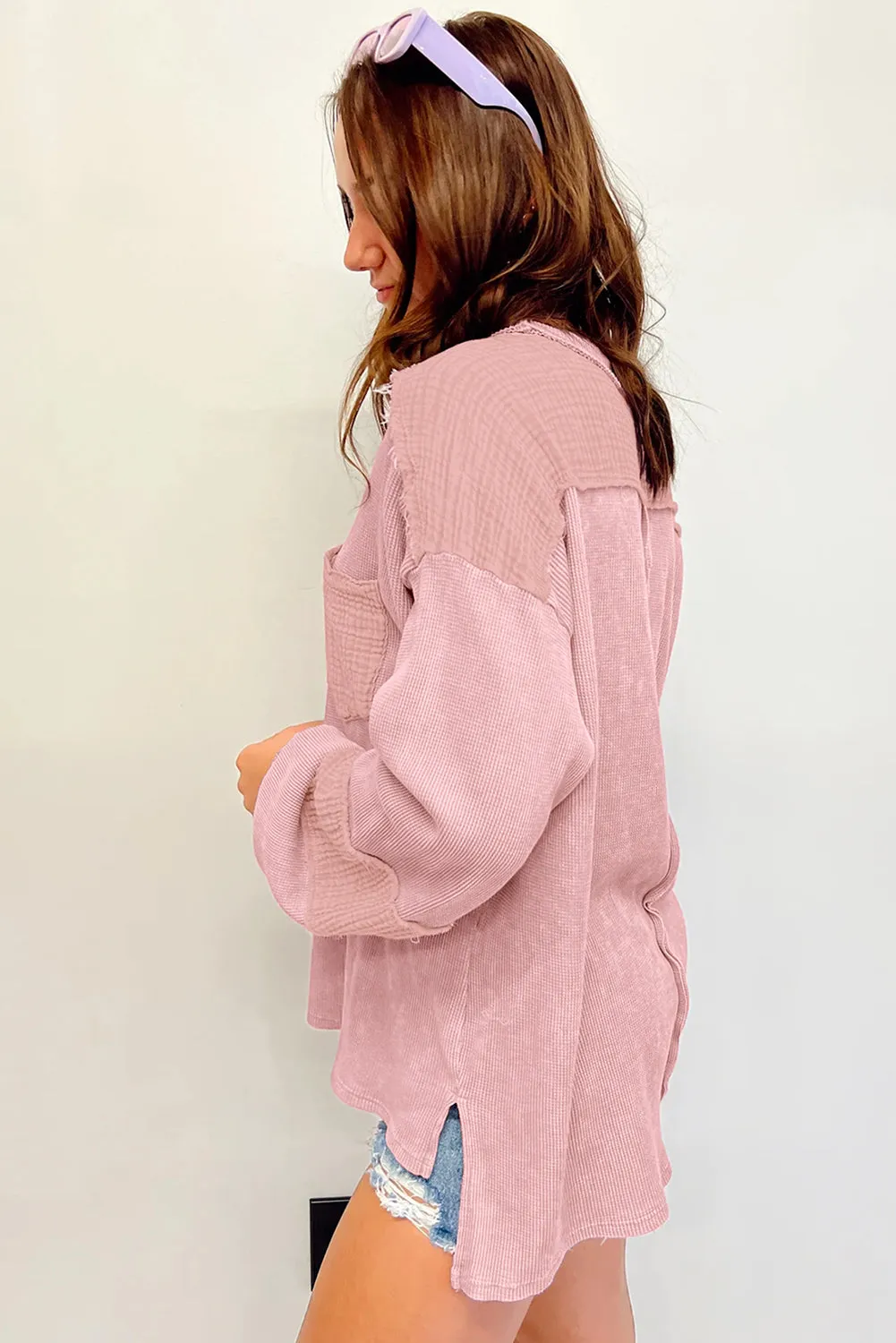 Noa Exposed Seam Patchwork Bubble Sleeve Waffle Knit Top sold by Threaded Pear product image thumbnail 5