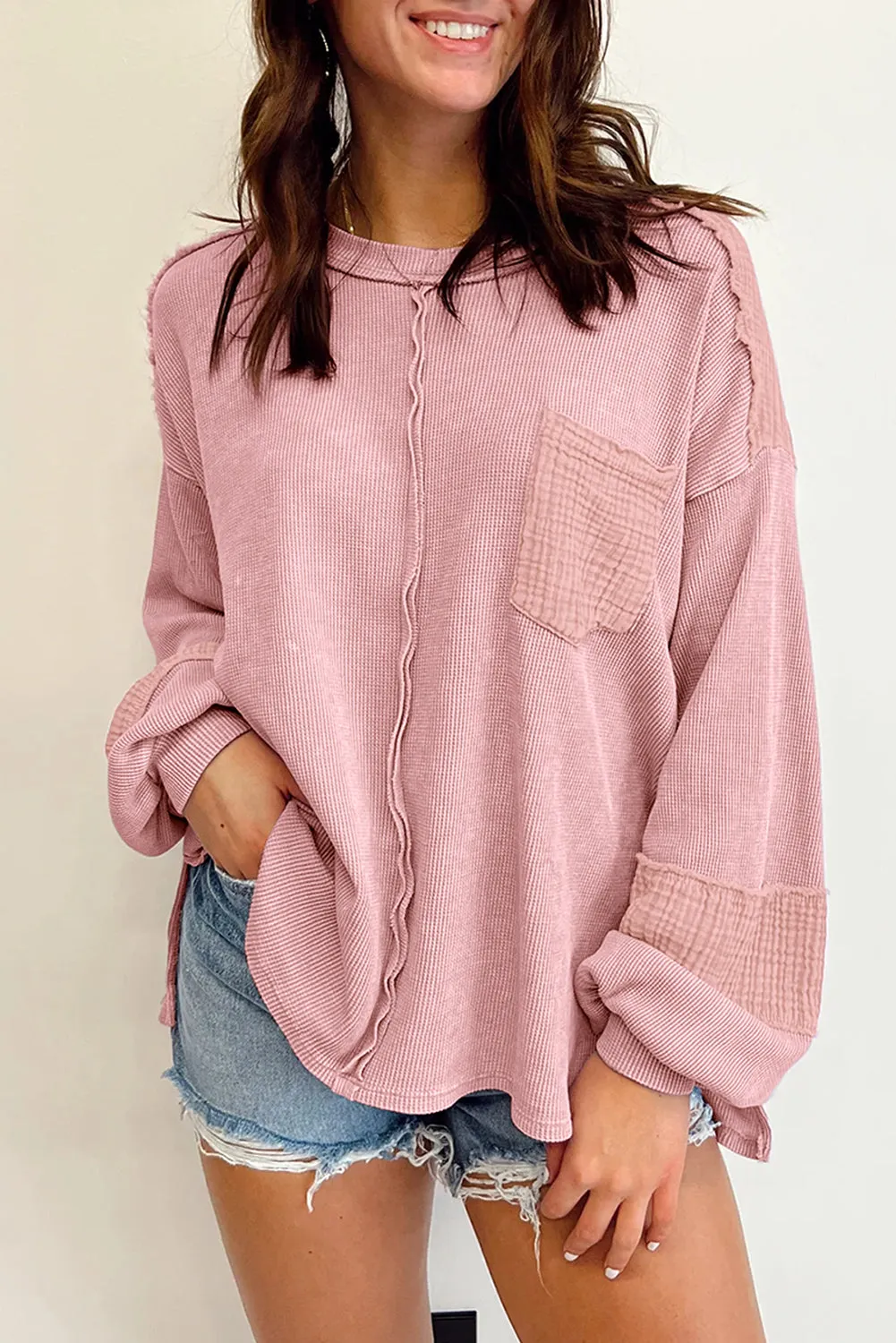 Noa Exposed Seam Patchwork Bubble Sleeve Waffle Knit Top sold by Threaded Pear