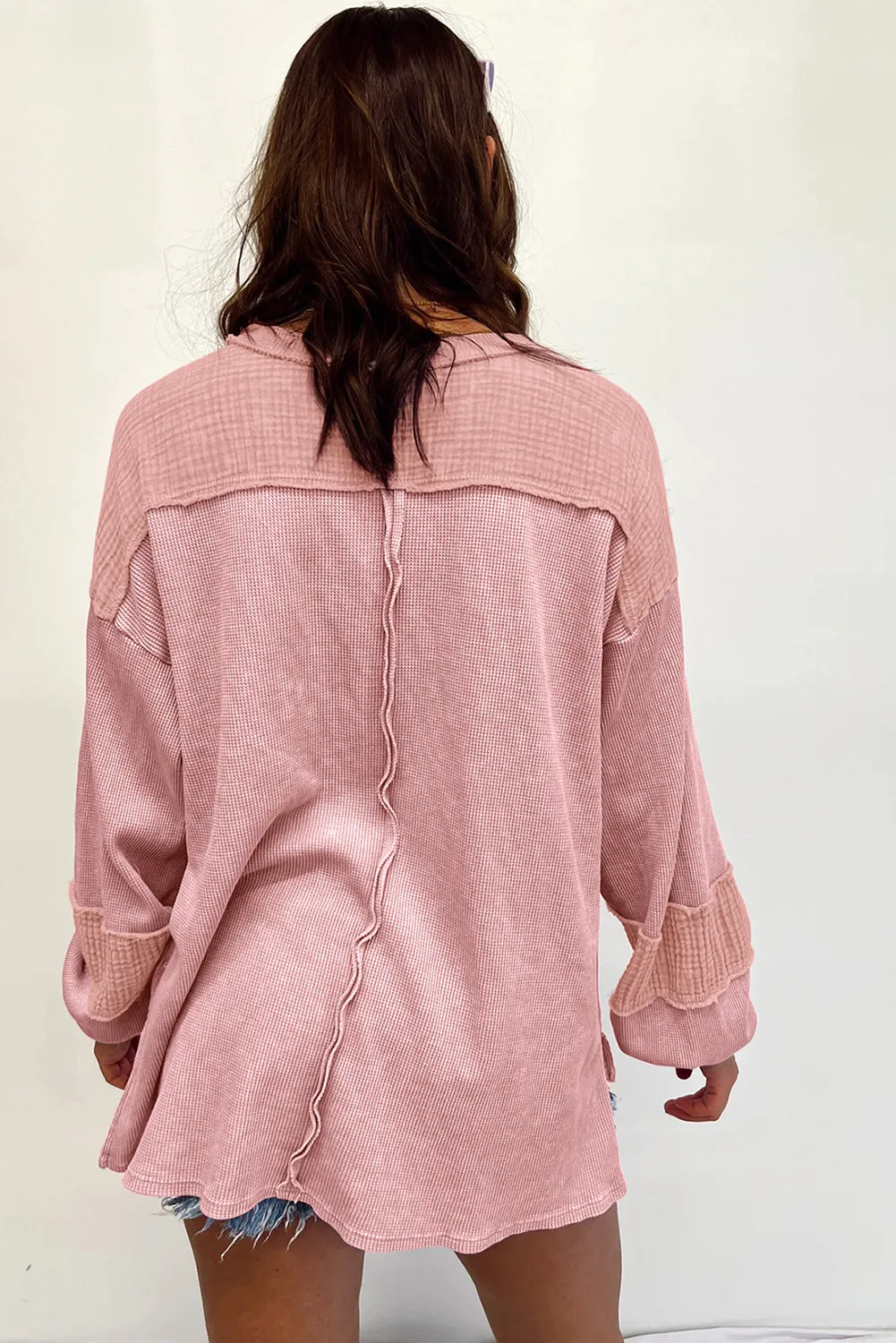 Noa Exposed Seam Patchwork Bubble Sleeve Waffle Knit Top sold by Threaded Pear product image thumbnail 2