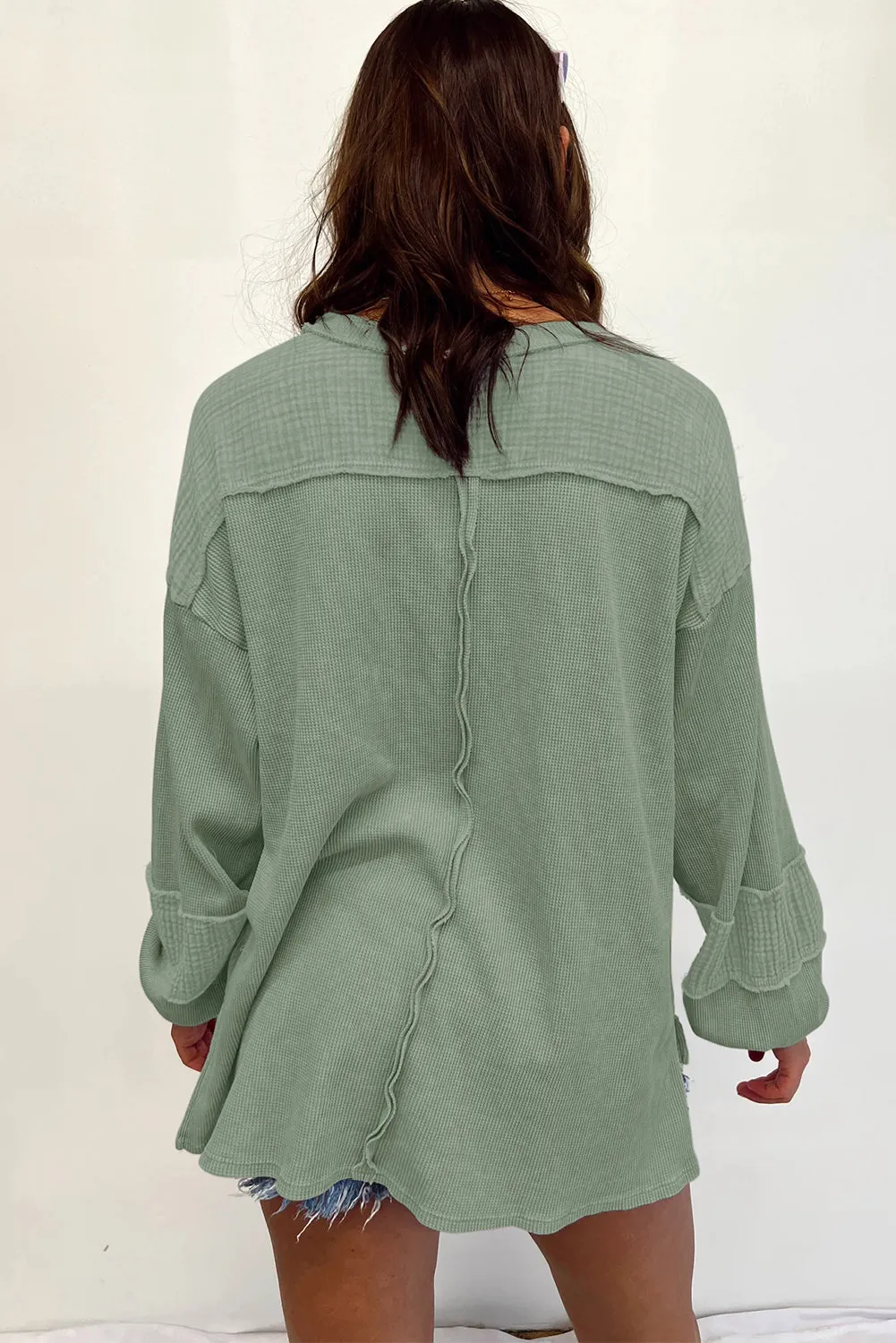 Noa Exposed Seam Patchwork Bubble Sleeve Waffle Knit Top sold by Threaded Pear product image thumbnail 4