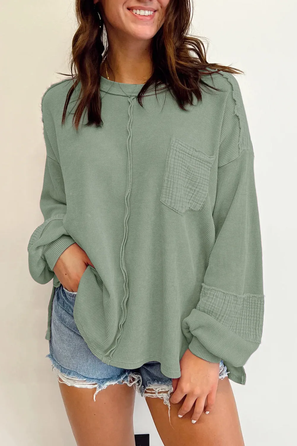 Noa Exposed Seam Patchwork Bubble Sleeve Waffle Knit Top sold by Threaded Pear product image thumbnail 3