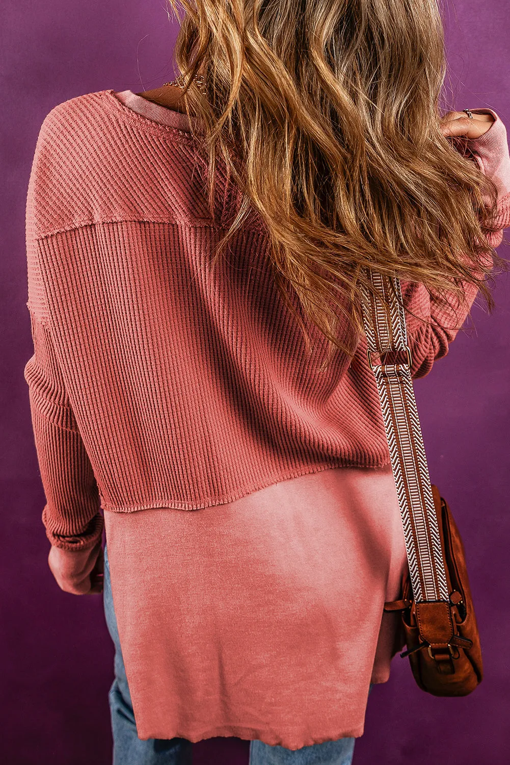 Giselle Exposed Seam Slit Neck Waffle Knit Patchwork Top sold by Threaded Pear product image thumbnail 2