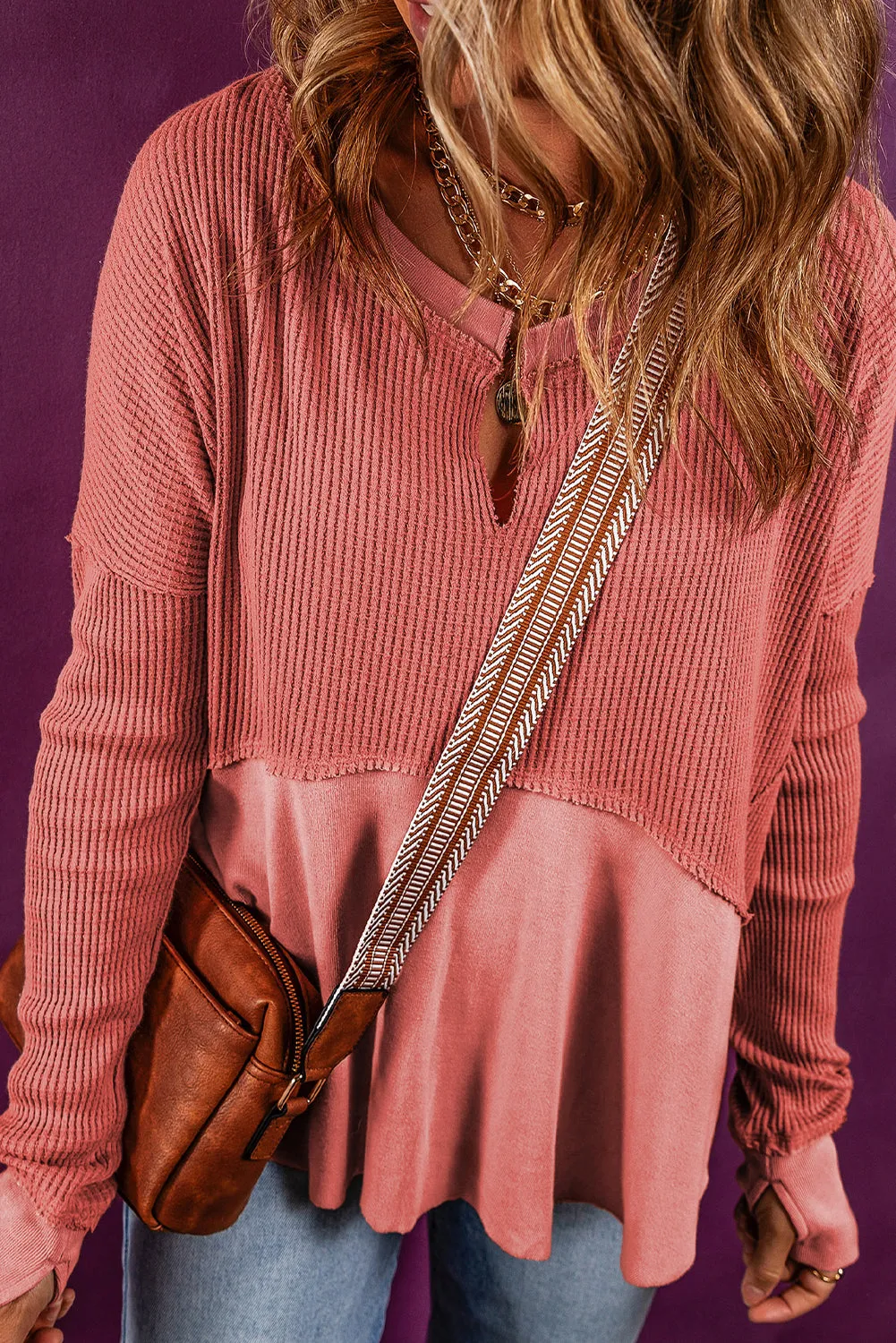 Giselle Exposed Seam Slit Neck Waffle Knit Patchwork Top sold by Threaded Pear product image thumbnail 5