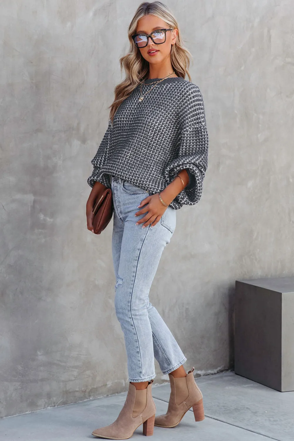 Marley Heathered Knit Drop Shoulder Puff Sleeve Sweater sold by Threaded Pear product image thumbnail 3
