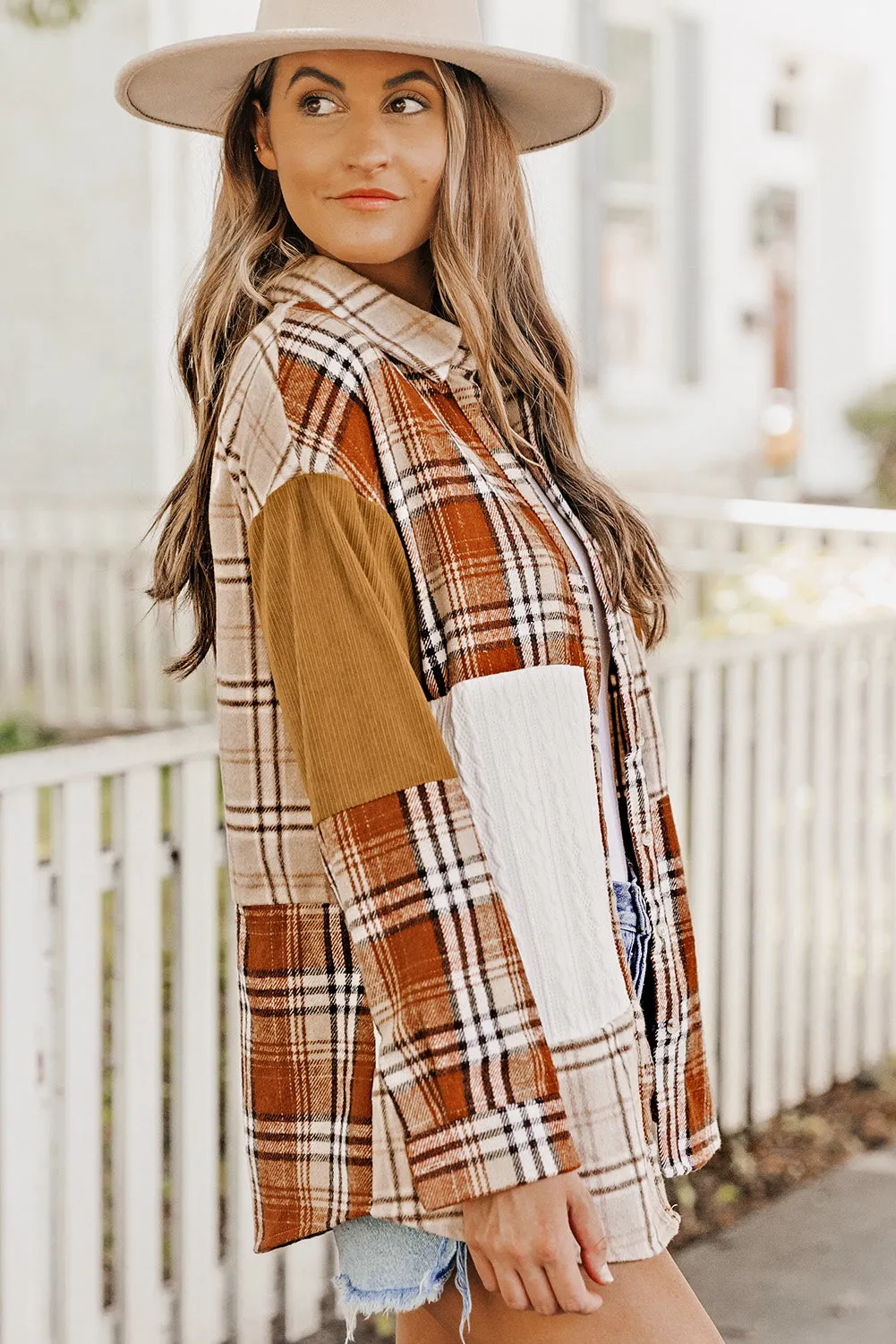 Sutton Plaid Color Block Patchwork Shirt Jacket with Pocket sold by Threaded Pear product image thumbnail 3