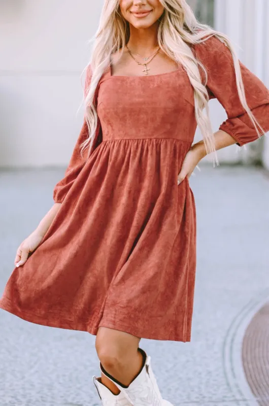 Kaylee Suede Square Neck Puff Sleeve Dress sold by Threaded Pear